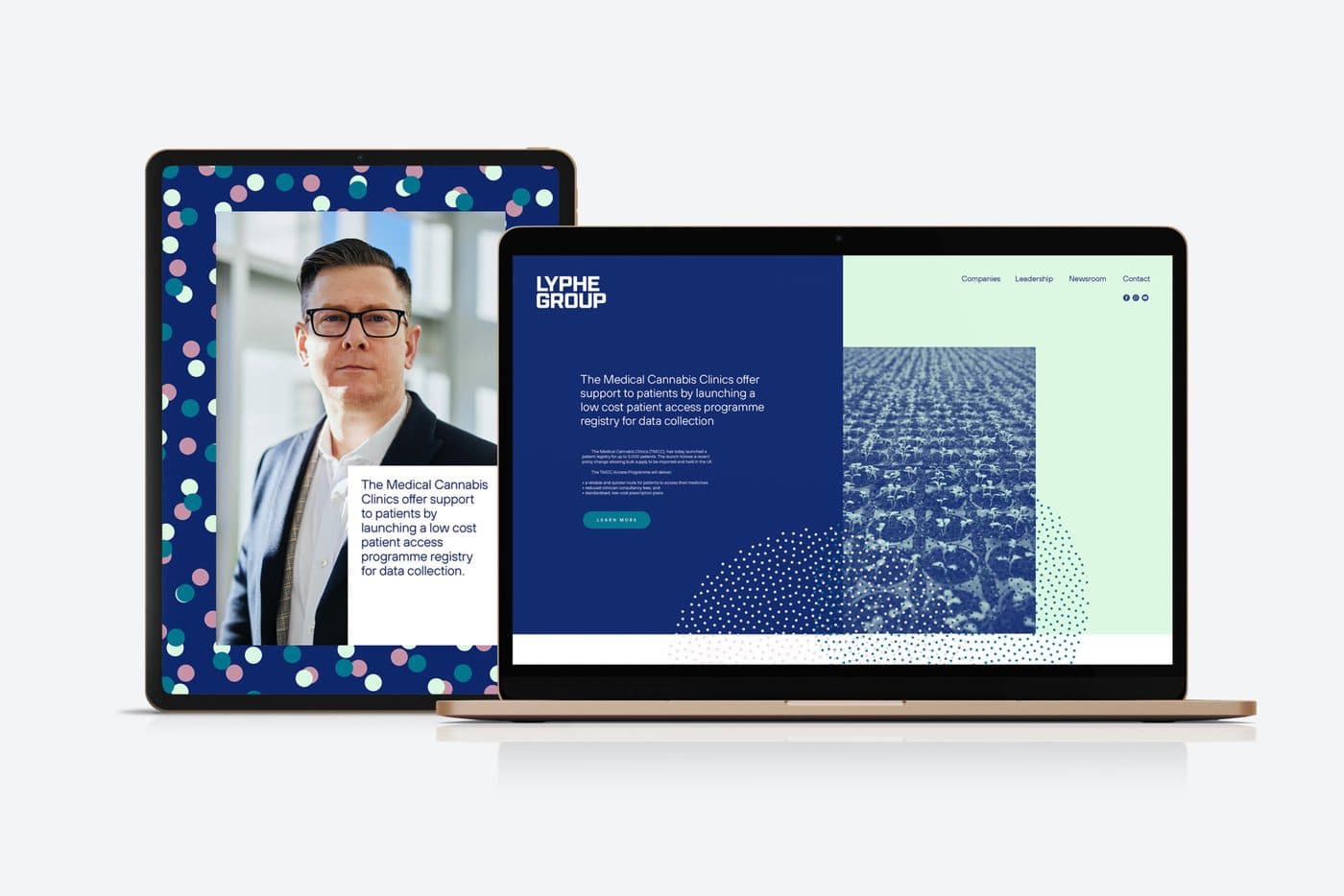 Lyphe Group website on tablet and laptop, with the dot-pattern identity photography