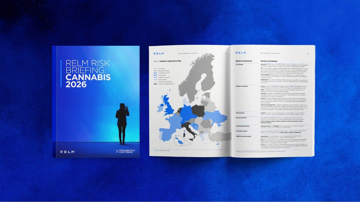 The Relm Risk Briefing: Cannabis 2026 report, printed cover and inside spread